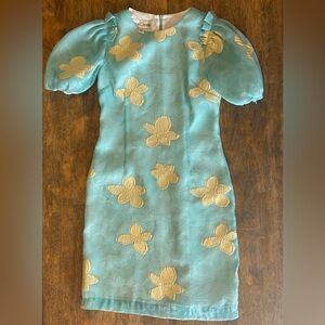 Sara Campbell Puff Sleeve Floral Brocade Shift Dress Blue Gold Size 0